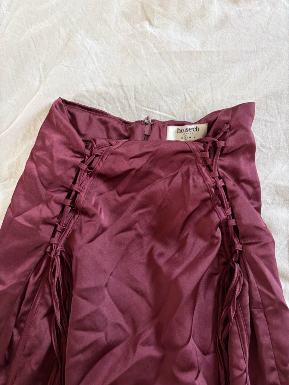 House of CB Sidonie Wine Satin Lace Up Midi Skirt size S - Picture 9 of 12